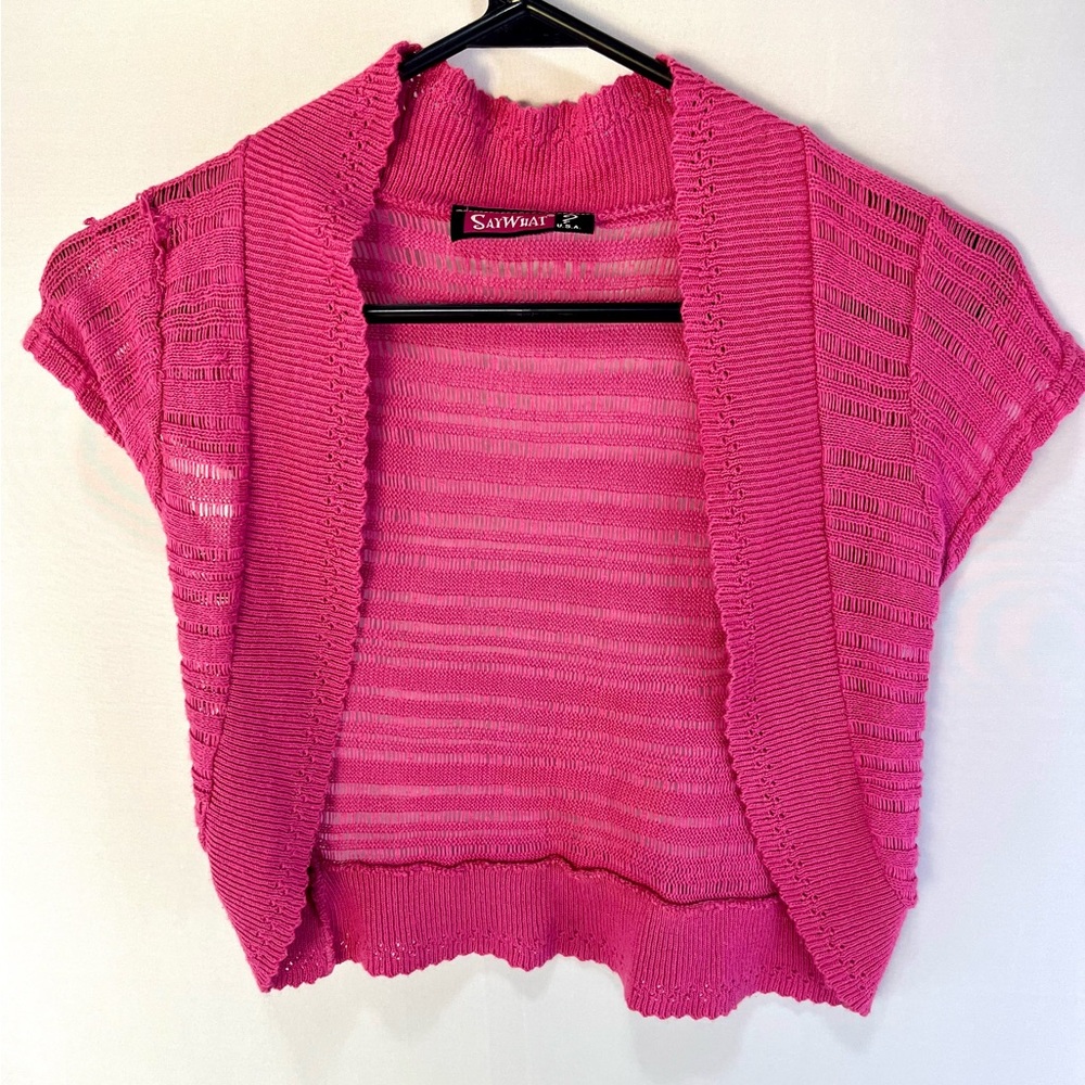 Say What? Brand Shrug Knit Crochet Cropped Sweater, Open Front, Medium, Hot Pink